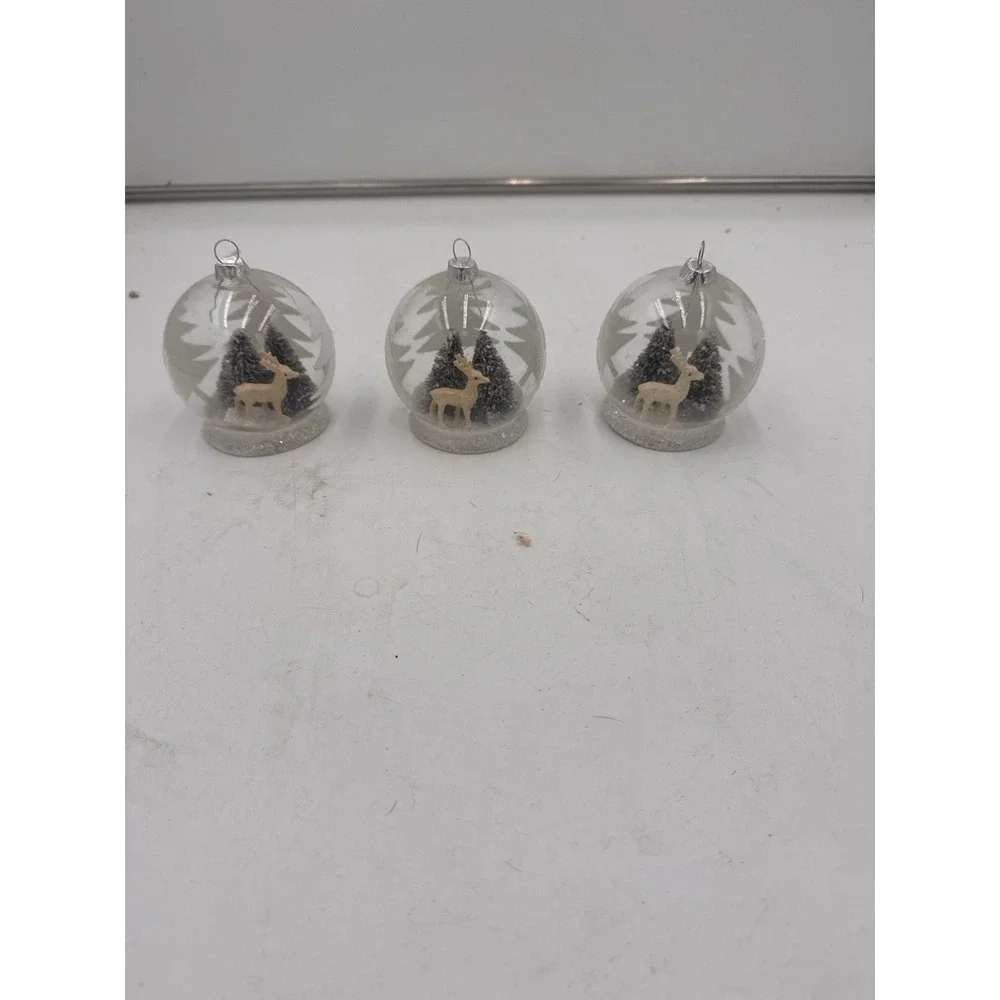 Lot Of 3 Pier One Christmas Ornament Snow globe Deer And Trees  Glitter 3-D